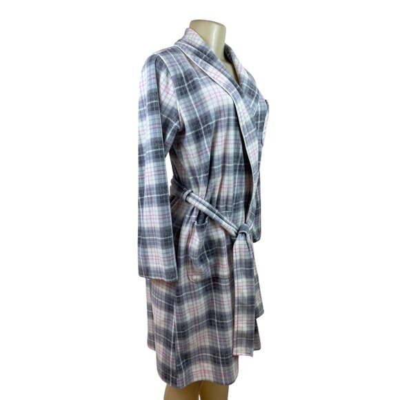 Womens Ralph Lauren Plaid Belted Robe With Pockets Soft Gray & Pink Sz XS - Picture 2 of 10